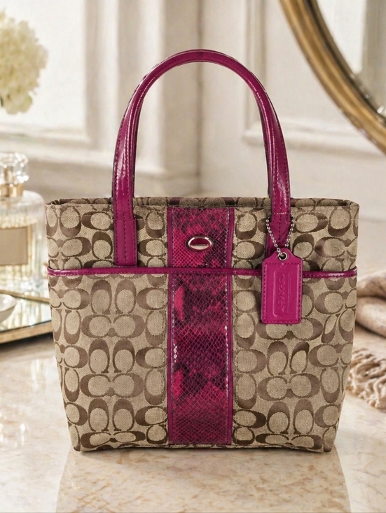 Coach Handbags - Coach Signature Canvas Tote with Fuchsia Leather Trim